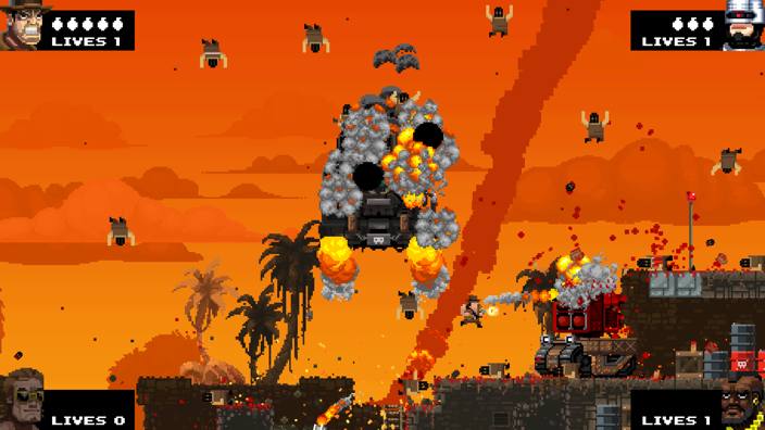 Personagens de Broforce durante uma missão explosiva