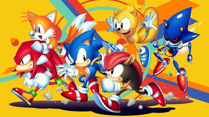 Sonic, Tails, Knuckles, Ray, Mighty e Metal Sonic em ilustração do jogo Sonic Mania